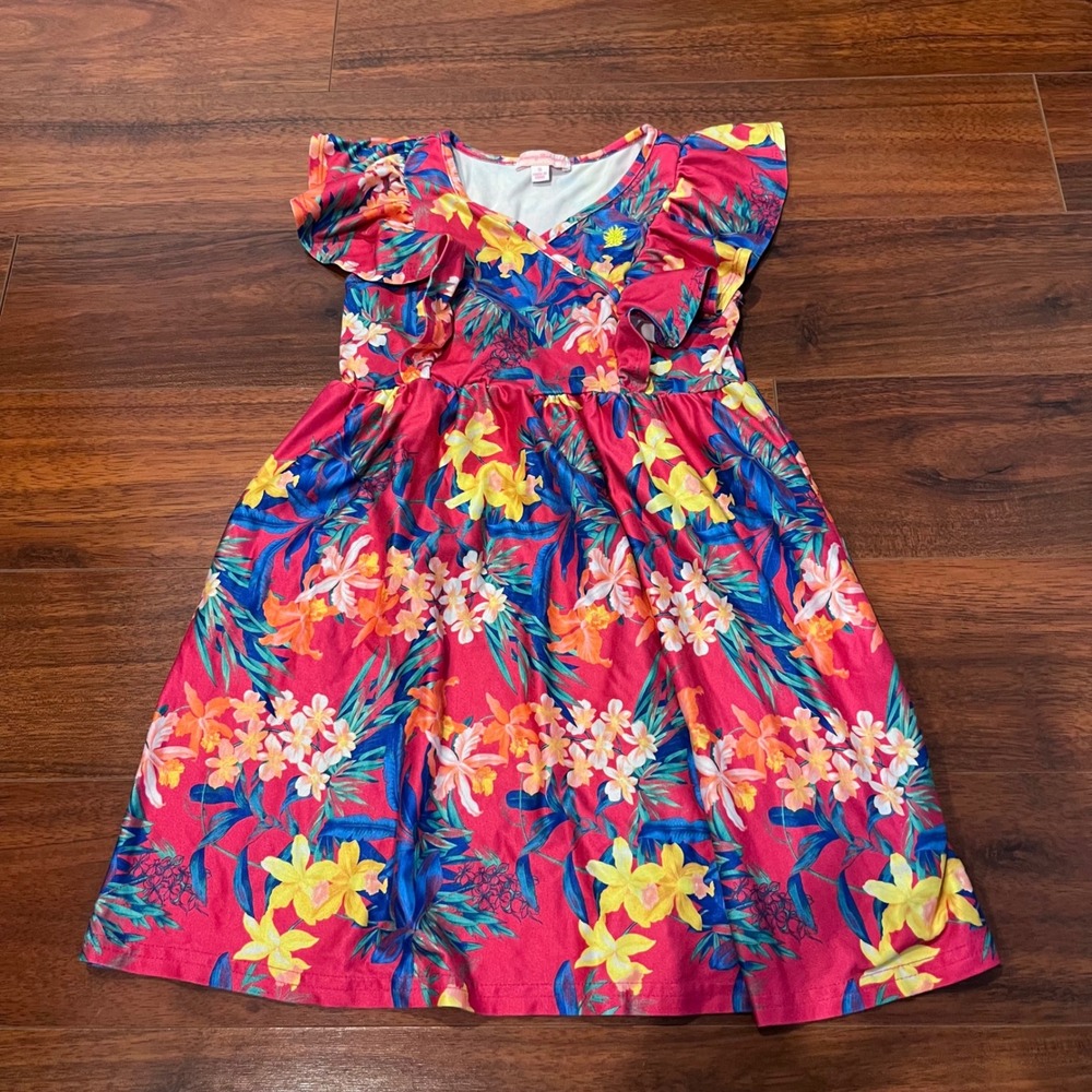 Tommy‎ Bahama Girls Pink Tropical Floral Ruffle Dress Size 5 Pineapple Logo
